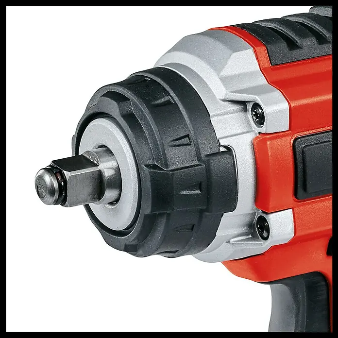 Einhell Professional PXC 18V Llave de impacto de batería IMPAXXO 18/400 - 18 V, Sin batería, 450 Nm - Primer plano de una llave de impacto inalámbrica roja y plateada con un adaptador de transmisión cuadrada.