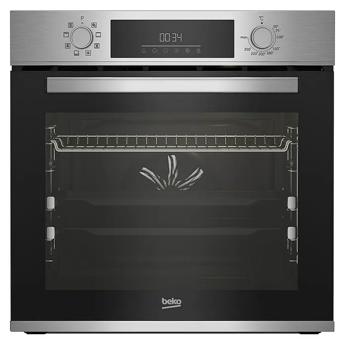 Beko Horno empotrado BBIM12301X - Número de tipos de calentamiento: 8 ud., Volumen horno: 72 l - En la foto se ve un horno Beko con pantalla digital y control de temperatura, un electrodoméstico de cocina elegante y funcional.