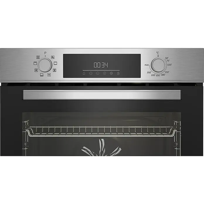 Beko Horno empotrado BBIM12301X - Número de tipos de calentamiento: 8 ud., Volumen horno: 72 l - Primer plano de un horno empotrable Bosch, con pantalla digital, mandos de control y una rejilla metálica en el interior.