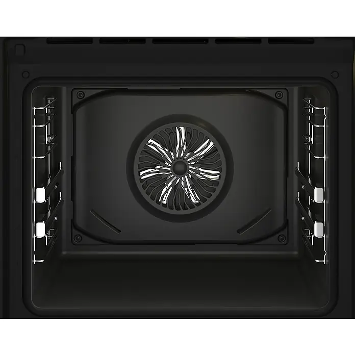 Beko Horno empotrado BBIM12301X - Número de tipos de calentamiento: 8 ud., Volumen horno: 72 l - Vista interior de un horno negro moderno con sistema de convección y rejillas laterales para bandejas.