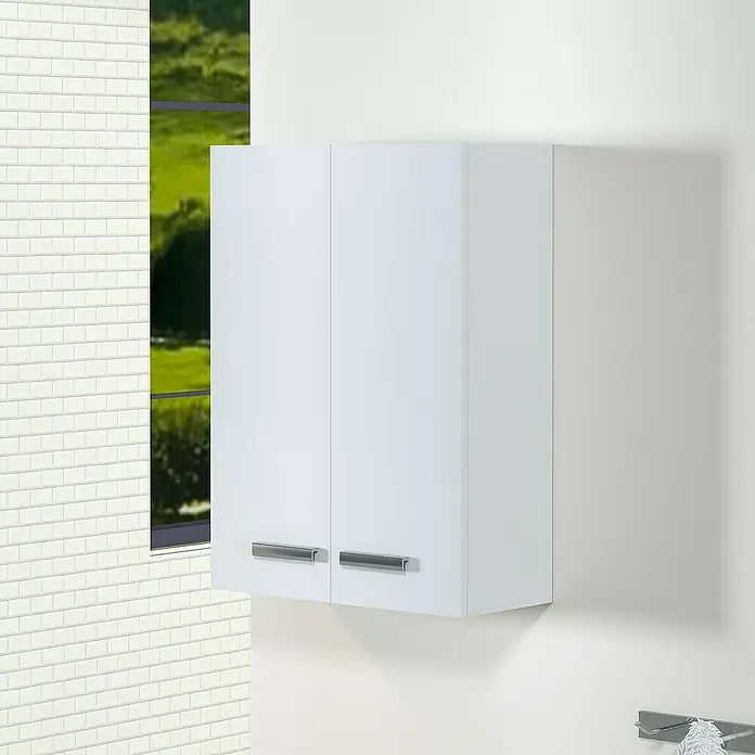 Artysan Armario colgante de baño Franc - 21 x 54 x 74 cm, Blanco - Primer plano de un armario de pared blanco con dos puertas y tiradores plateados, ideal para baño o cocina.