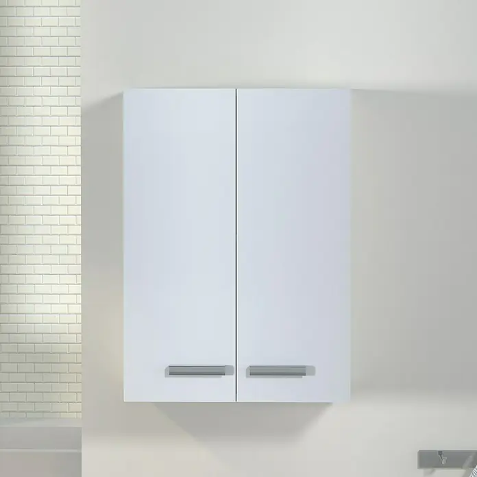 Artysan Armario colgante de baño Franc - 21 x 54 x 74 cm, Blanco - Armario empotrado en blanco brillante con dos puertas y elegantes manijas, elegantemente montado en una pared con azulejos.