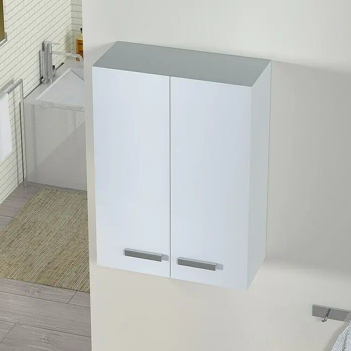 Artysan Armario colgante de baño Franc - 21 x 54 x 74 cm, Blanco - Una foto vertical muestra un mueble de baño blanco con dos puertas y tiradores cromados montado en una pared beige claro.