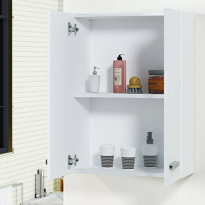 Artysan Armario colgante de baño Franc - 21 x 54 x 74 cm, Blanco - Un armario de pared blanco con dos estantes que exhiben elementos básicos de baño como jabón y vasos.