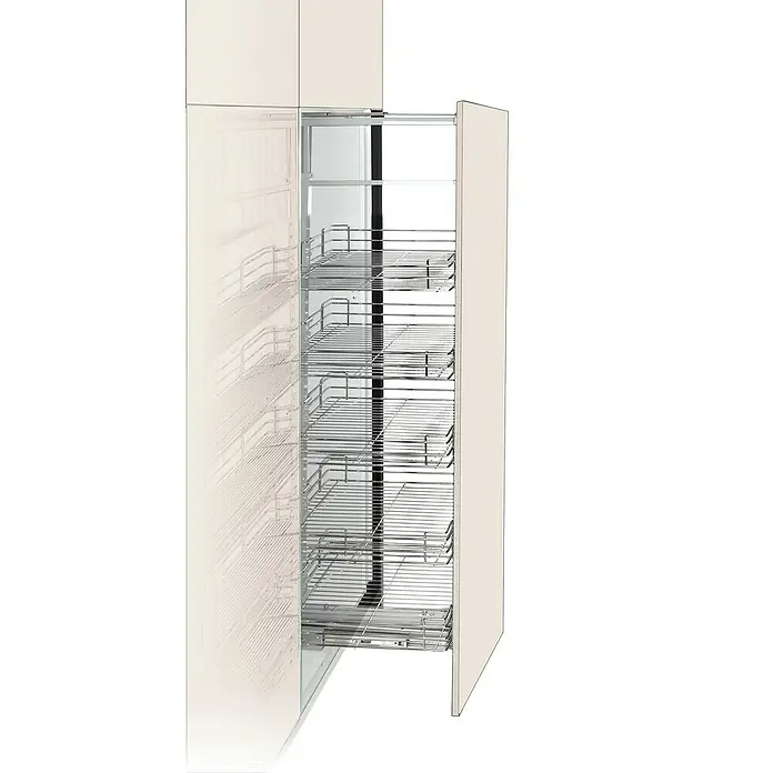Columna despensero extraíble - L x An: 46 x 54 cm, Ajuste de altura: 155 cm - 187 cm, Cromo - Armario de farmacia extraíble con cestas de alambre cromado, maximizando el almacenamiento de la cocina. Es una solución práctica y ahorra espacio.