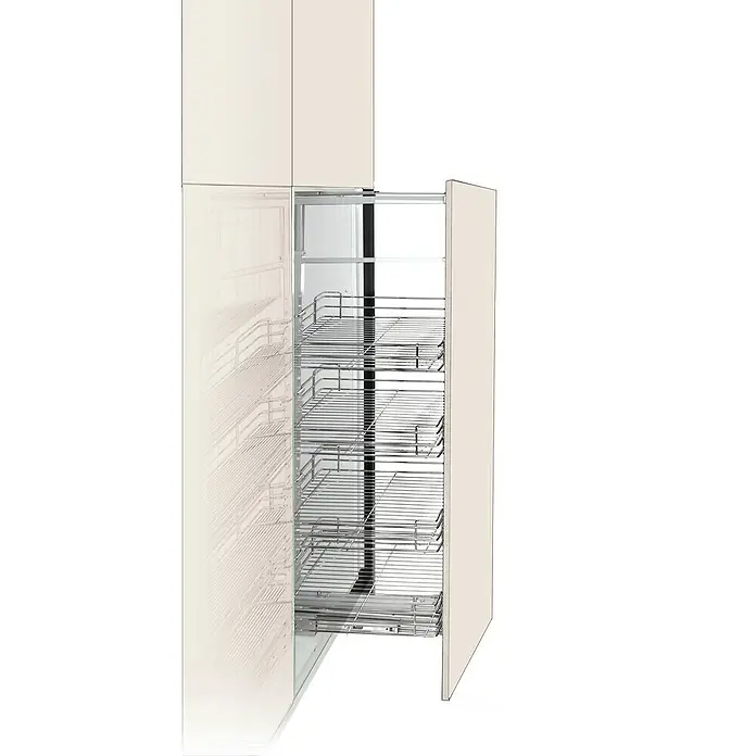 Columna despensero extraíble - L x An: 46 x 54 cm, Ajuste de altura: 125 cm - 157 cm, Cromo - Alacena extraíble con múltiples cestas de alambre cromado, que ofrece soluciones de almacenamiento organizadas y accesibles.