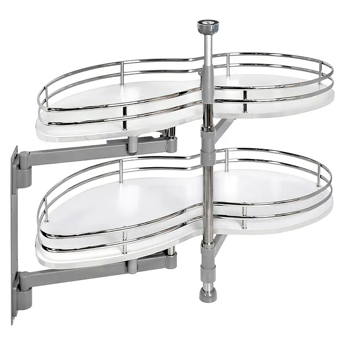 Estantería rinconera metálica Gemela Deluxe izquierda - Blanco - Carrusel esquinero con dos estantes blancos y barandillas cromadas para un óptimo aprovechamiento del espacio en la cocina.