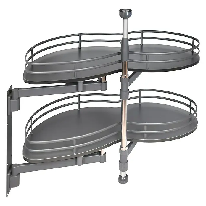 Estantería rinconera metálica Gemela Deluxe izquierda - Grafito - Un carrusel de esquina gris de dos niveles con estructura metálica y bandejas giratorias para maximizar la eficiencia del almacenamiento.