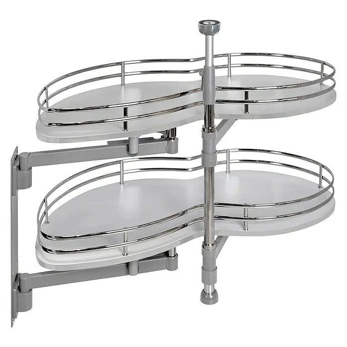 Estantería rinconera metálica Gemela Deluxe izquierda - Gris - Un carrusel de armario esquinero de dos niveles con barandilla cromada para un uso óptimo de los armarios esquineros en la cocina.