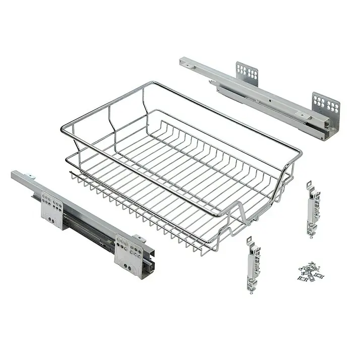 Cesto de alambre multiuso para cajón - L x An x Al: 45 x 45 x 12,5 cm - Extraíble para armario de cocina con guías de extensión total, soportes y tornillos. Ideal para organizar utensilios de cocina.