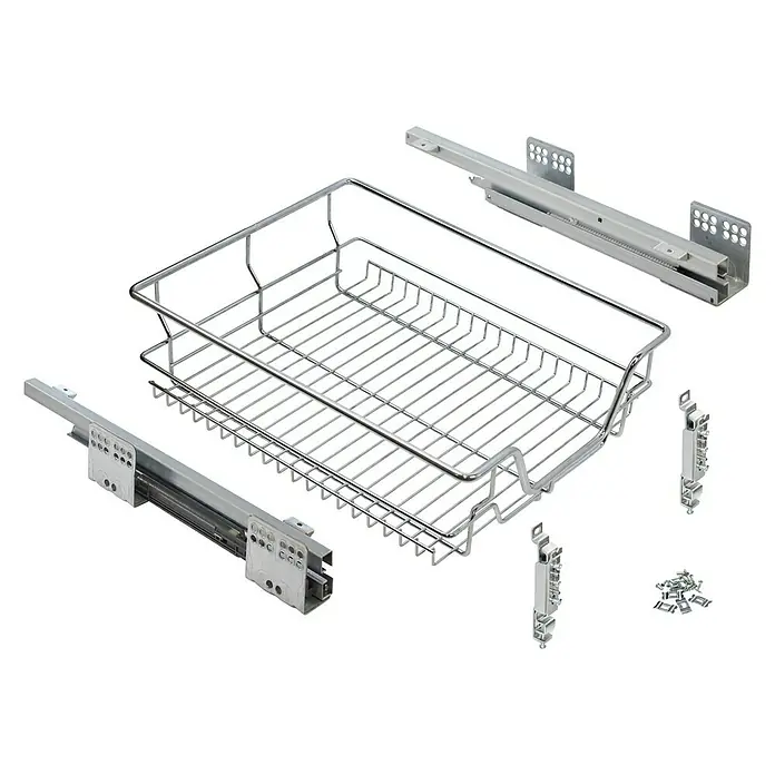 Cesto de alambre multiuso para cajón - L x An x Al: 45 x 50 x 12,5 cm - Cesta de alambre con guías extraíbles y piezas de montaje para un mueble de cocina, ideal para guardar platos y utensilios.
