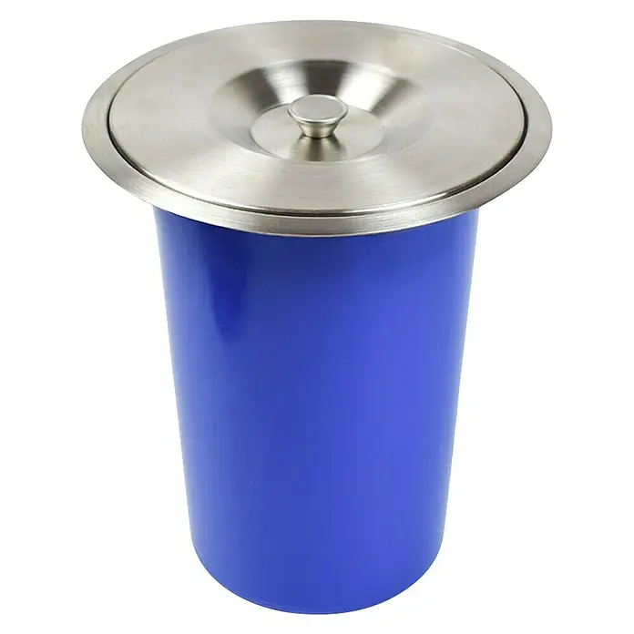 Papelera estándar encimera 8L - Plateado - Cubo de basura de encimera azul con tapa de acero inoxidable, ideal para oficina o cocina, mantiene el espacio de trabajo limpio y ordenado.