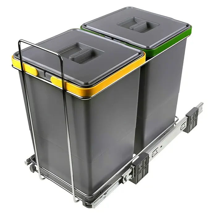 Sistema de separación de residuos Ecofil 12 + 12 L mod.30 -  - Un cubo de basura extraíble con dos contenedores, uno con borde amarillo y otro con borde verde. Práctico para la separación de residuos en la cocina.