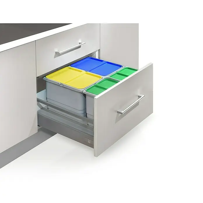 Sistema de separación de residuos Ecológico - Ancho: 60 cm, Gris, 80 l, 8 ud. - Extensible con sistema de clasificación de cubos de basura. El sistema consta de cuatro cubos de colores para la separación de residuos.