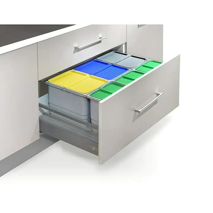 Sistema de separación de residuos Ecológico - Ancho: 80 cm, Gris, 138 l, 12 ud. - Armario de cocina extraíble con sistema de reciclaje y cubos de colores. Solución práctica para la separación de residuos.