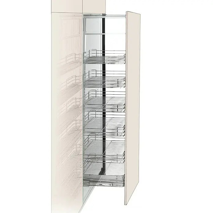 Columna despensero extraíble - L x An: 46 x 34 cm, Ajuste de altura: 185 cm - 217 cm, Cromo - Una despensa extraíble con múltiples estantes de alambre, extraída de un mueble de cocina de color claro.
