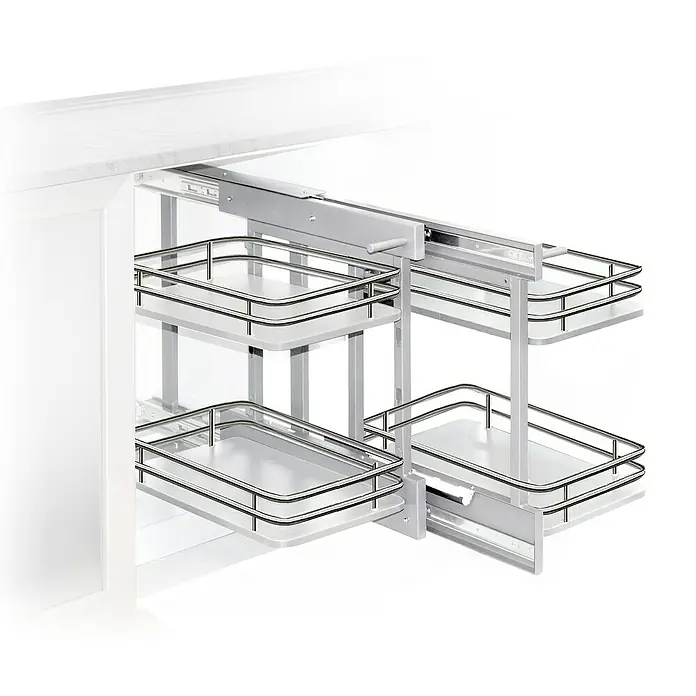 Estantería extraíble para rincón Deluxe - Blanco - Armario esquinero extraíble con cuatro cestas de almacenamiento en el mueble bajo. El sistema es extensible y ofrece mucho espacio.