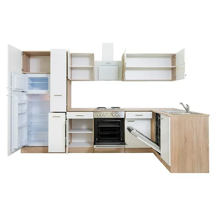 Respekta Winkelküche Merle - B x T: 310 x 172 cm, Weiß, Mit Elektrogeräten, Volumen Backofen: 60 l - Moderne Küche mit weißen Fronten und Holzdekor, inklusive Kühlschrank, Backofen, Spülmaschine und Dunstabzugshaube.
