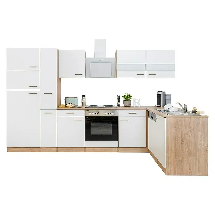 Respekta Winkelküche Merle - B x T: 310 x 172 cm, Weiß, Mit Elektrogeräten, Volumen Backofen: 60 l - Moderne Einbauküche in Weiß und Holzoptik. Elegantes Design mit weißen Schränken und Arbeitsflächen in Holzmaserung.