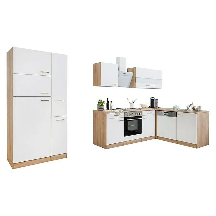 Respekta Winkelküche Merle - B x T: 310 x 172 cm, Weiß, Mit Elektrogeräten, Volumen Backofen: 60 l - Moderne Küche mit weißen Schränken und hölzernen Arbeitsplatten bietet viel Stauraum und eine helle, freundliche Atmosphäre.
