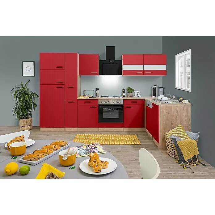 Respekta Winkelküche Merle - B x T: 310 x 172 cm, Rot, Mit Elektrogeräten, Volumen Backofen: 60 l - L-förmige Küchenzeile mit leuchtend roten Schränken, Arbeitsplatten in Holzoptik und integrierten Geräten.