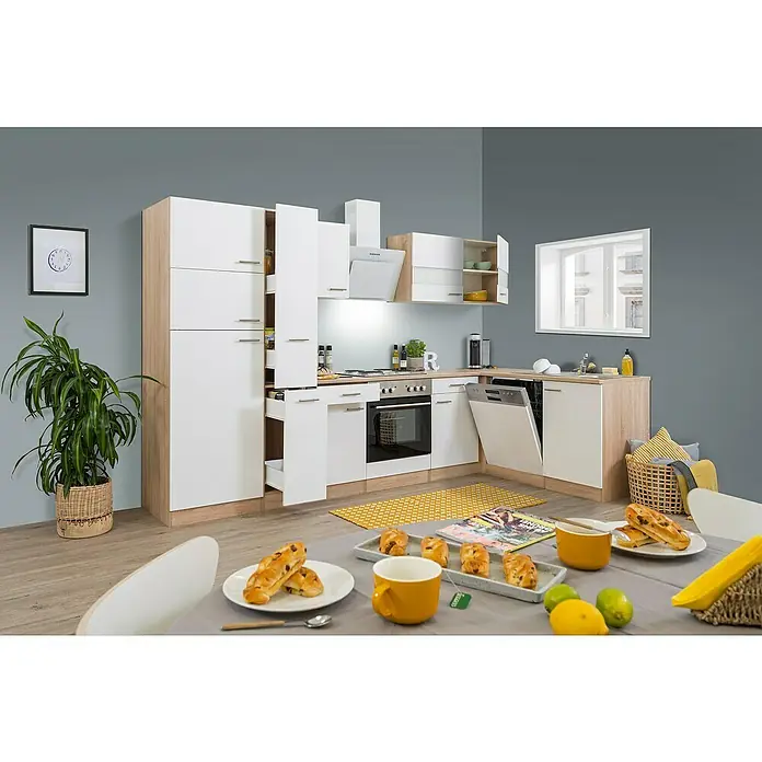 Respekta Winkelküche Merle - B x T: 310 x 172 cm, Weiß, Mit Elektrogeräten, Volumen Backofen: 60 l - Helle Küche mit weißen Fronten und Holzelementen, inklusive Geschirrspüler und modernen Geräten, für einen stilvollen Kochbereich.