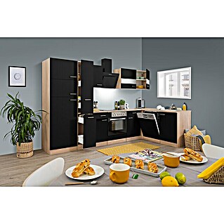 Respekta Winkelküche Merle (B x T: 310 x 172 cm, Schwarz, Mit Elektrogeräten, Volumen Backofen: 72 l)
