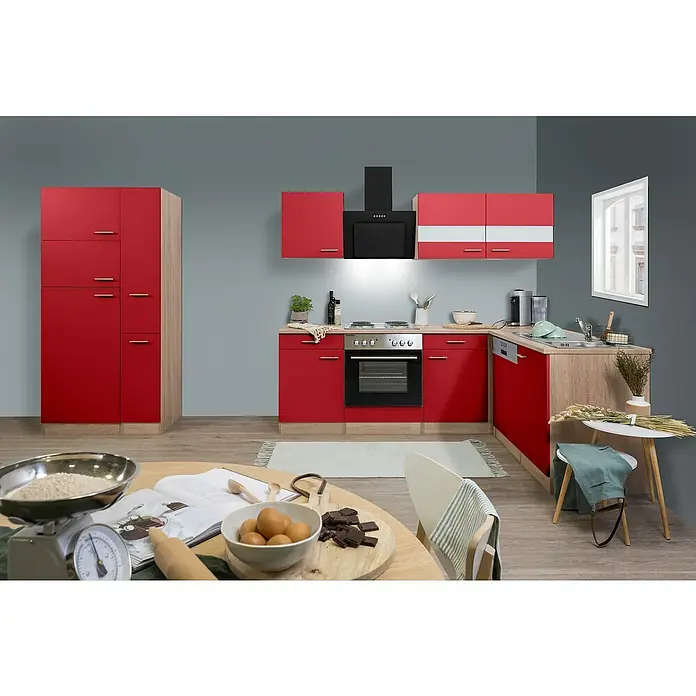 Respekta Winkelküche Merle - B x T: 310 x 172 cm, Rot, Mit Elektrogeräten, Volumen Backofen: 60 l - Moderne Küche mit roten Schränken, ausgestattet mit hochwertigen Geräten und einer stilvollen Dunstabzugshaube. Gemütliche Atmosphäre durch Holzelemente.