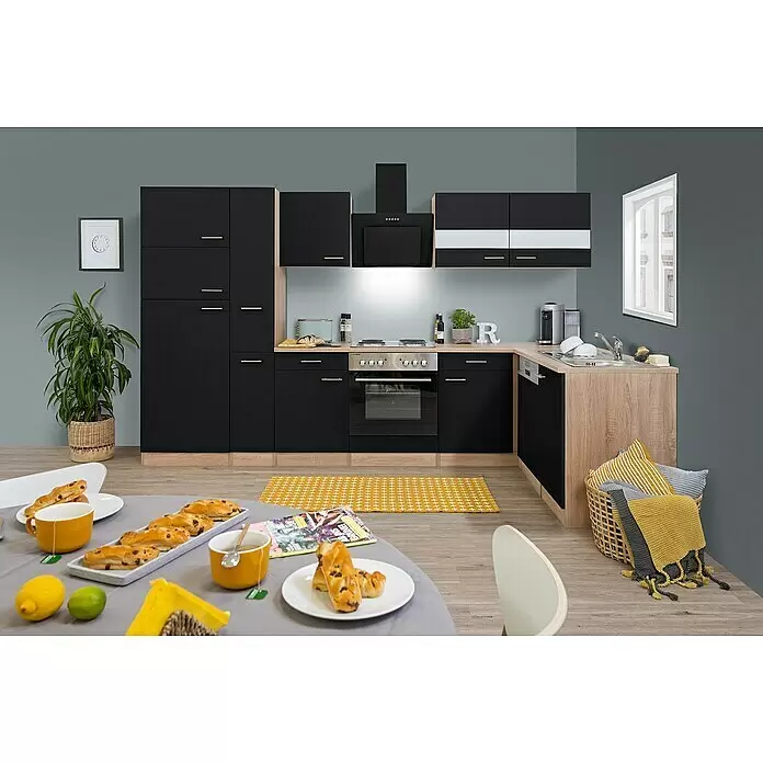 Respekta Winkelküche Merle - B x T: 310 x 172 cm, Schwarz, Mit Elektrogeräten, Volumen Backofen: 60 l - Moderne L-förmige Küche mit schwarzen Schränken, hellen Holz-Akzenten und integrierten Geräten, ideal für einen funktionalen Kochbereich.