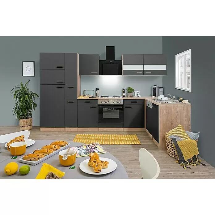 Respekta Winkelküche Merle - B x T: 310 x 172 cm, Grau, Mit Elektrogeräten, Volumen Backofen: 60 l - Moderne U-förmige Einbauküche mit dunkelgrauen Schränken und heller Holzoptik, inklusive integrierten Geräten.