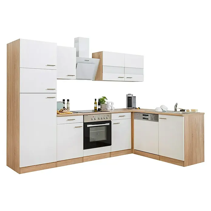 Respekta Winkelküche Merle - B x T: 280 x 172 cm, Weiß, Mit Elektrogeräten, Volumen Backofen: 72 l - Moderne Küche in L-Form mit weißen Fronten und Holzoptik-Korpus, ausgestattet mit Einbaugeräten und viel Stauraum für eine stilvolle Kücheneinrichtung.