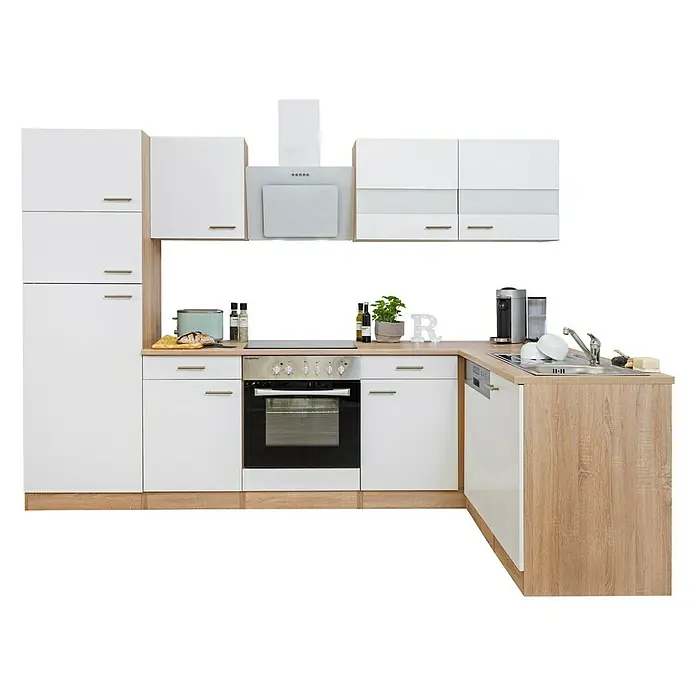 Respekta Winkelküche Merle - B x T: 280 x 172 cm, Weiß, Mit Elektrogeräten, Volumen Backofen: 72 l - Eine moderne, modulare Küche in Weiß und Holzoptik mit Ober- und Unterschränken, Dunstabzugshaube und integrierten Geräten.