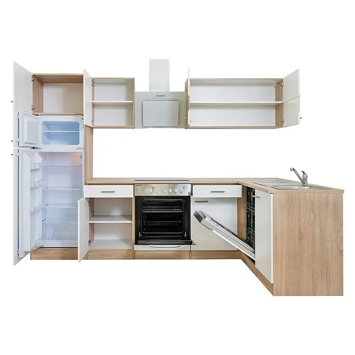 Respekta Winkelküche Merle - B x T: 280 x 172 cm, Weiß, Mit Elektrogeräten, Volumen Backofen: 72 l - Modernes Küchenset mit Kühlschrank, Ofen, Spülmaschine und Dunstabzugshaube in Weiß und Holzoptik. Praktische und stilvolle Kücheneinrichtung.