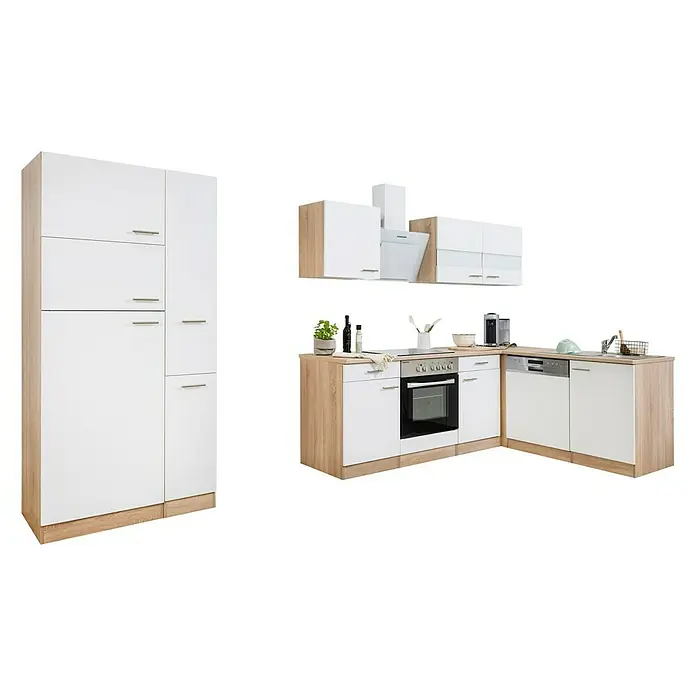 Respekta Winkelküche Merle - B x T: 310 x 172 cm, Weiß, Mit Elektrogeräten, Volumen Backofen: 72 l - Moderne Küche mit weißen Fronten und Holzoptik-Arbeitsplatten. Die Küche umfasst Hochschränke, Hängeschränke, Spüle, Herd und Geschirrspüler.