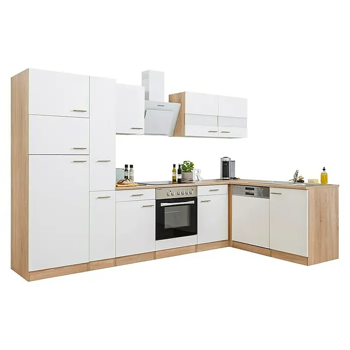 Respekta Cocina esquinera Merle - An x Pr: 310 x 172 cm, Blanco, Con electrodomésticos, Volumen horno: 72 l - Cocina moderna en blanco y aspecto de madera. La cocina ofrece mucho espacio de almacenamiento y un lavavajillas integrado para mayor comodidad.