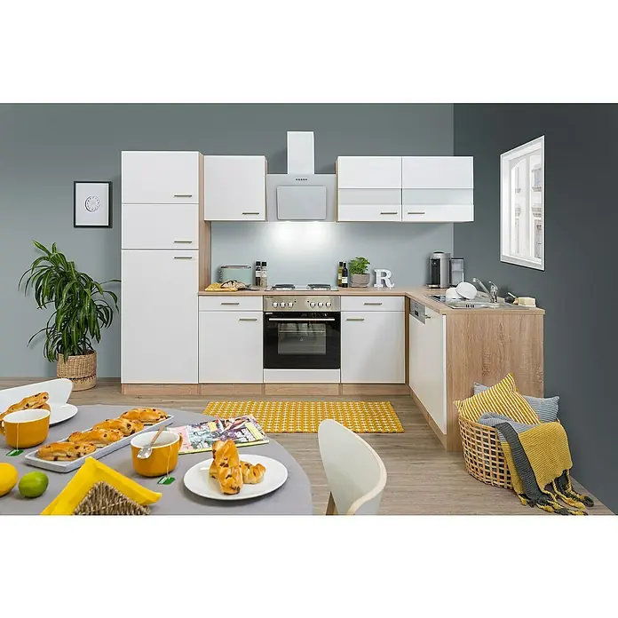 Respekta Winkelküche Merle - B x T: 280 x 172 cm, Weiß, Mit Elektrogeräten, Volumen Backofen: 60 l - Helle Küche mit weißen Schränken, Holzdetails und modernen Geräten. Ein gemütlicher Essbereich ergänzt das freundliche Design mit gelben Akzenten.