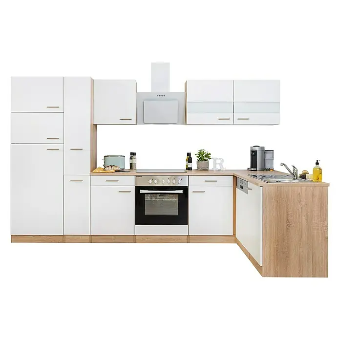 Respekta Winkelküche Merle - B x T: 310 x 172 cm, Weiß, Mit Elektrogeräten, Volumen Backofen: 72 l - Moderne Küche in Weiß und Holzoptik. Helle Küchenzeile mit weißen Schränken und Arbeitsplatte in Holz.