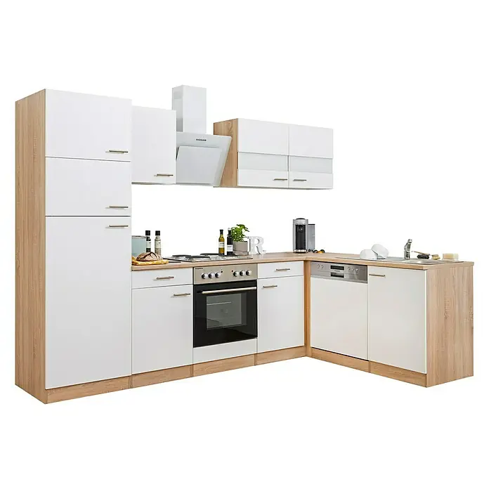 Respekta Winkelküche Merle - B x T: 280 x 172 cm, Weiß, Mit Elektrogeräten, Volumen Backofen: 60 l - Einbauküche mit weißen Fronten und hellem Holzdekor, inklusive Spüle, Herd und Dunstabzugshaube. Moderne Küchenzeile für Ihr Zuhause.
