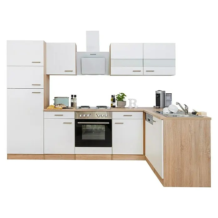 Respekta Winkelküche Merle - B x T: 280 x 172 cm, Weiß, Mit Elektrogeräten, Volumen Backofen: 60 l - Elegante, moderne Küche in Weiß und Holzoptik mit integrierten Geräten. Die Küche bietet viel Stauraum und eine stilvolle Atmosphäre.