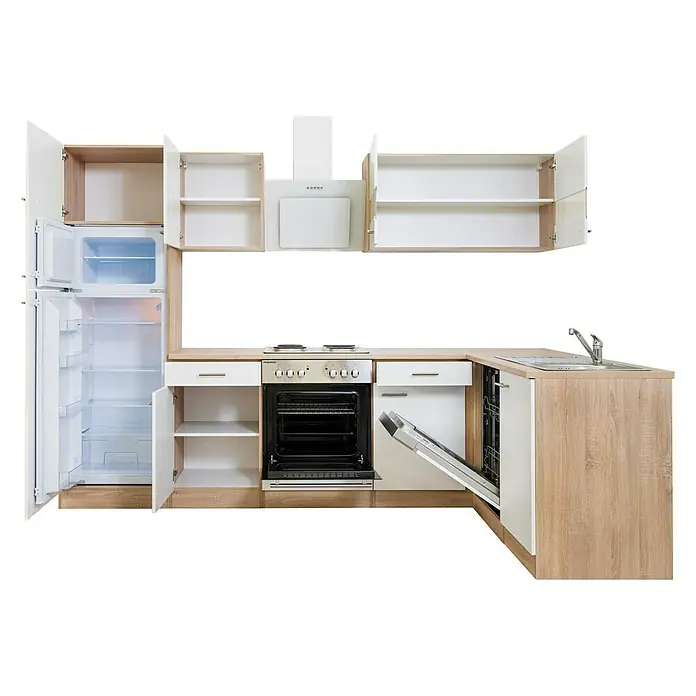 Respekta Winkelküche Merle - B x T: 280 x 172 cm, Weiß, Mit Elektrogeräten, Volumen Backofen: 60 l - Küchenzeile mit offenem Kühlschrank, Ofen und Geschirrspüler. Helle Farben und moderne Ausstattung.