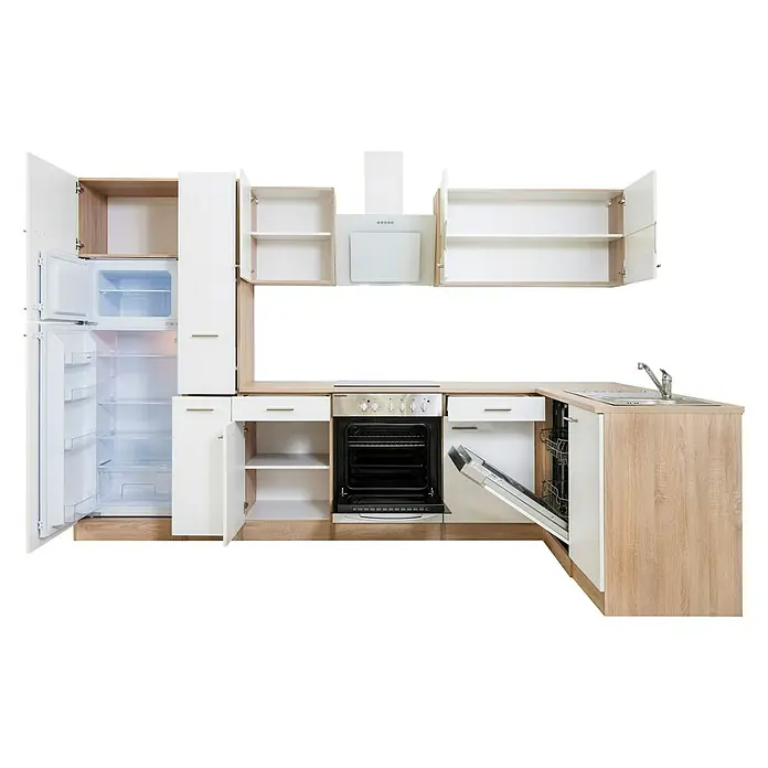 Respekta Winkelküche Merle - B x T: 310 x 172 cm, Weiß, Mit Elektrogeräten, Volumen Backofen: 72 l - Moderne Küchenzeile mit weißen Schränken und Holzakzenten, inklusive Kühlschrank, Ofen und Geschirrspüler, ideal für zeitgemäße Wohnräume.