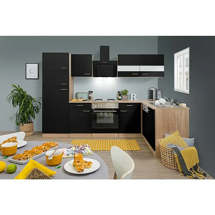Respekta Winkelküche Merle - B x T: 280 x 172 cm, Schwarz, Mit Elektrogeräten, Volumen Backofen: 60 l - Moderne Küche mit schwarzen Schränken, hellem Holzdekor und gelben Akzenten für eine freundliche Atmosphäre.
