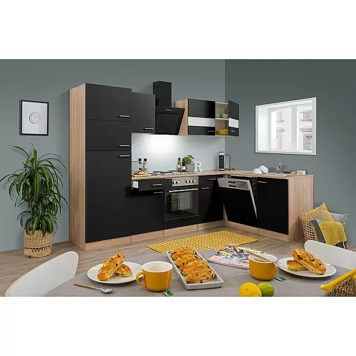 Respekta Winkelküche Merle - B x T: 280 x 172 cm, Schwarz, Mit Elektrogeräten, Volumen Backofen: 60 l - Moderne U-förmige Küche mit schwarzen Fronten und hellen Holzdetails, inklusive integrierter Geräte und offenem Geschirrspüler.