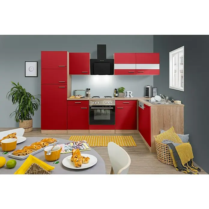 Respekta Winkelküche Merle - B x T: 280 x 172 cm, Rot, Mit Elektrogeräten, Volumen Backofen: 60 l - Moderne Küche mit roten Schränken und Holzarbeitsplatten, die ein stilvolles und funktionales Design zeigt. Ideal für zeitgemäße Wohnräume.