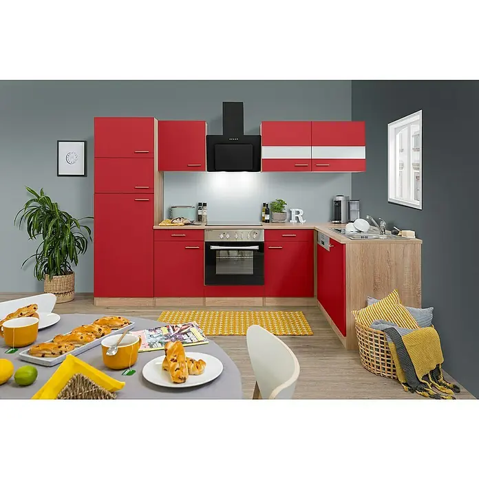 Respekta Winkelküche Merle - B x T: 280 x 172 cm, Rot, Mit Elektrogeräten, Volumen Backofen: 72 l - Moderne Küche mit roten Schränken, Holzoberflächen und einem Esstisch mit Gebäck und Getränken. Helle und einladende Atmosphäre.