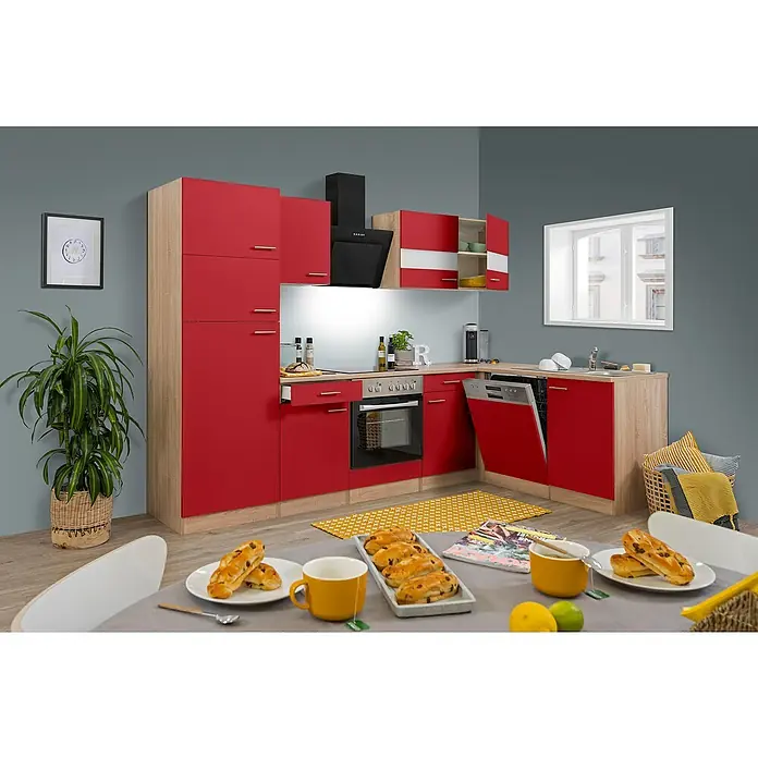 Respekta Winkelküche Merle - B x T: 280 x 172 cm, Rot, Mit Elektrogeräten, Volumen Backofen: 72 l - Helle Küche in Rot und Holzoptik mit modernen Geräten und Esstisch. Das Interieur ist einladend und funktional gestaltet.
