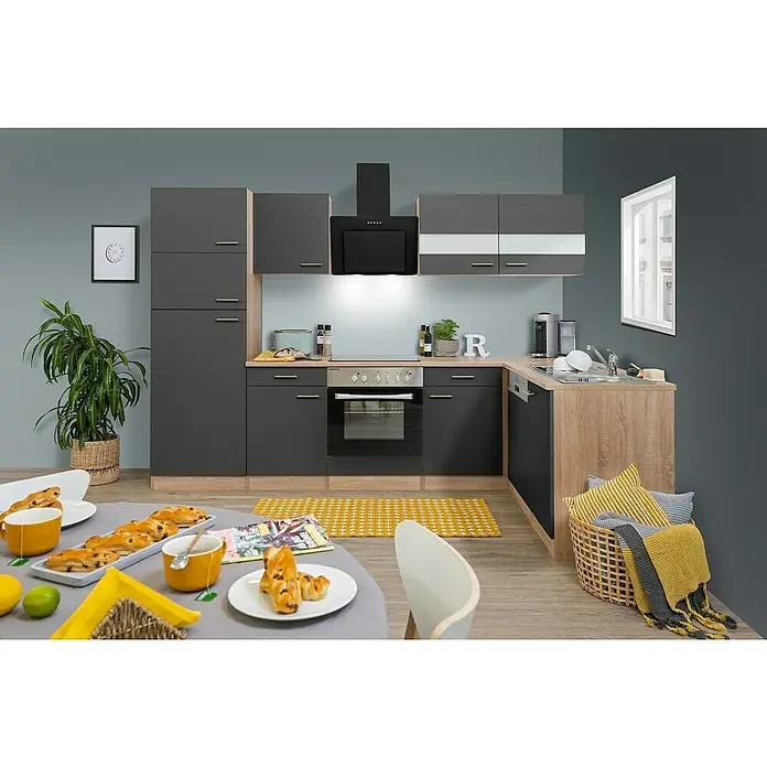Respekta Winkelküche Merle - B x T: 280 x 172 cm, Grau, Mit Elektrogeräten, Volumen Backofen: 72 l - Eine moderne Küche in Grau und Holzoptik mit integrierten Geräten und einem Esstisch mit Frühstück.