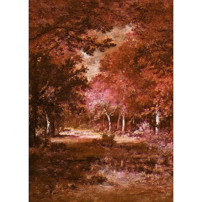 Komar Ink Fototapete Autumna Rosso - 4 -tlg., B x H: 200 x 280 cm, Vlies - Gemälde einer Waldlandschaft in Herbstfarben, betont die warmen Rot- und Brauntöne und die verschwommene Textur der Bäume.