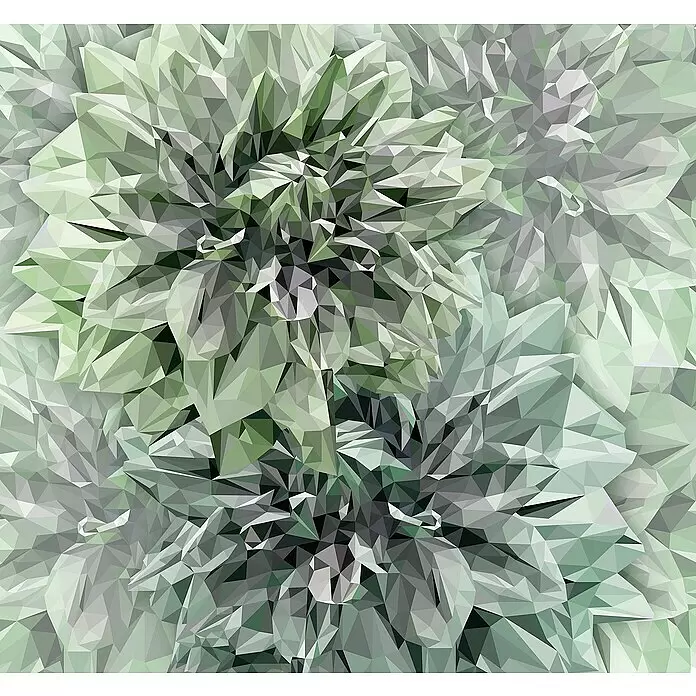 Komar Ink Fototapete Emerald Flowers - 6 -tlg., B x H: 300 x 280 cm, Vlies - Abstraktes Low-Poly-Muster aus überlappenden geometrischen Formen in Grün- und Grautönen.