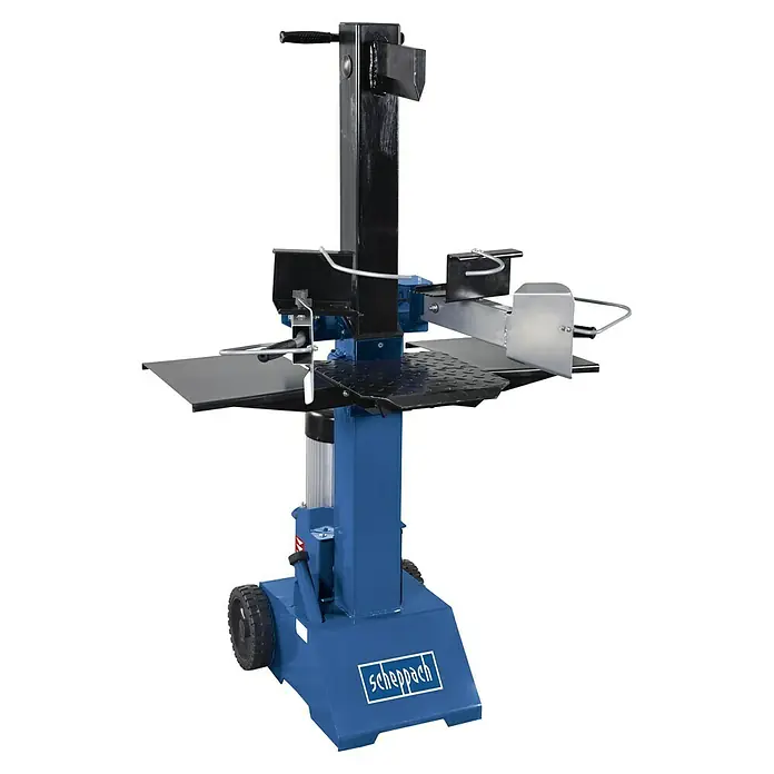 Scheppach Holzspalter HL810 - 3.500 W, 8 t, Max. Spaltgutlänge: 55 cm - Das Bild zeigt einen stehenden Holzspalter von Scheppach. Er ist blau und schwarz und hat Räder für den einfachen Transport.